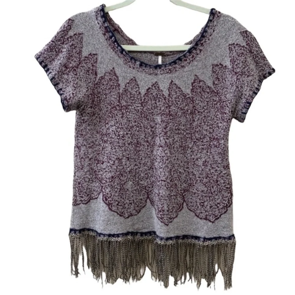 Free People Kilm Medallion Fringe Short Sleeve Boho Sweater. EUC. Sz S/M